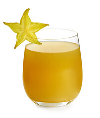 Fototapeta na wymiar Delicious carambola juice in glass on white background