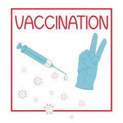 Victory sign as a concept of victory over diseases and epidemics through vaccination. Call for vaccination against coronavirus. Medical syringe with medicine against viruses. Vector cartoon illustrati