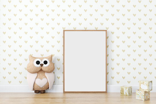 Wood frame mockup A4  on the owl background, 3d render