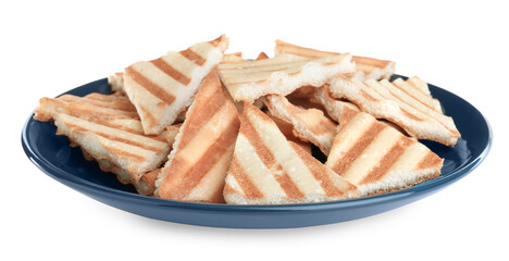 Delicious crispy pita chips on white background