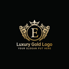 Luxury gold crown logo vector, Letter E icon	