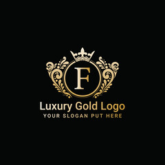 Luxury gold crown logo vector, Letter F icon	