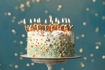 Beautiful birthday cake with burning candles on stand against festive lights