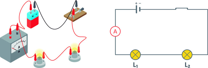 Vector illustration of an electric circuit diagram, isolated on white background. Electric circuit made of a battery, a switch, two lamps in series and an ammeter.