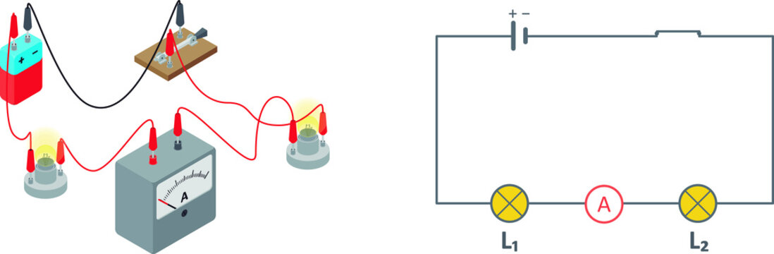 Vector illustration of an electric circuit diagram, isolated on white background. Electric circuit made of a battery, a switch, a lamp, an ammeter and another lamp.