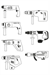 A set of torsional power tools, drilling machines, rotary hammers,  punchers and jackhammers of different power, contour isolated black and white vector drawings.