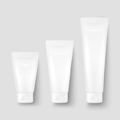 Vector 3d Realistic Plastic, Metal White Tooth Paste, Cream Tube, Packing Set Isolated on White Background. Design Template of Toothpaste, Cosmetics, Cream, Tooth Paste for Mockup. Top View