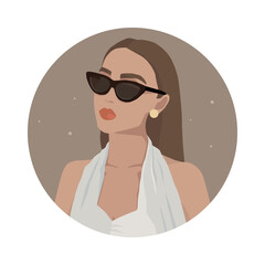 Portrait of  beautiful girl on the round background. Model in stylish sunglasses, cat-eye. Long hair, lush lips, elegant swimsuit, accessories. Modern vector illustration, fashion sketch. Print design