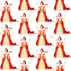 Happy Victoria Day! Canadian public holiday. Queen Victoria holds the Canadian flag in her hand. Seamless background pattern.
