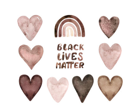 watercolor love hearts set. Rose and beige illustrations Valentine day. Black lives matter lettering illustration.
