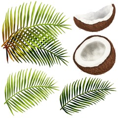 Viertelste und halbe Kokosnuss mit Ästen einer Palme - obrazy, fototapety, plakaty