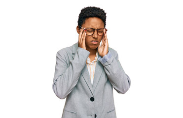 Young african american woman wearing business clothes with hand on head, headache because stress. suffering migraine.