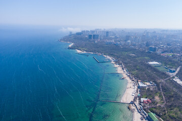 View from the helicopter to the Lanzheron beach. Sandy beach and sea bay. Odessa. Ukraine.