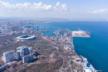 View from a helicopter to Shevchenko Park, seaport, Lanzheron beach and Chernomorets stadium....