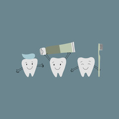 Vector color hand drawn kids oral care illustration set. Dental hygiene for child. Funny teeth with toothbrush, and toothpaste