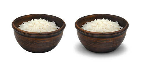 boiled white rice in clay bowl on white background, isolated and with shadow
