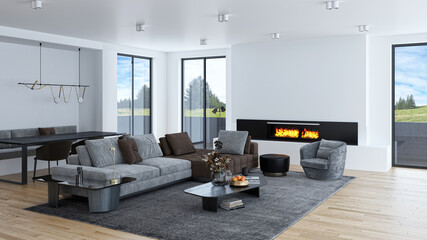 Illustration 3D rendering large luxury modern bright interiors Living room mockup computer digitally generated image