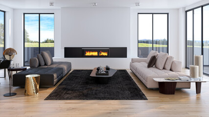 Illustration 3D rendering large luxury modern bright interiors Living room mockup computer digitally generated image