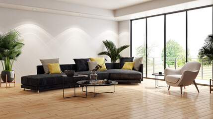 Illustration 3D rendering large luxury modern bright interiors Living room mockup computer digitally generated image