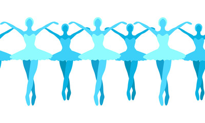 Blue ballerinas silhouettes repeating horizontal in simple style. Ballet dancer seamless vector border pattern