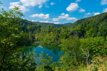 Croatia. Plitvice Lakes National Park. Lake with crystal clear turquoise water. Popular tourist spot. Listed as a UNESCO World Heritage Site
