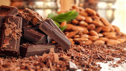 Close-up of dark chocolate with almonds
