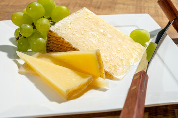 Cheese collection, piece of spanisch hard manchego cheese made in La Mancha region from sheep milk with green grapes