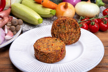 Round vegetarian patties or burgers made from grains, vegetables and legumes