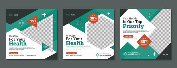 Medical social media post template design. Healthcare service promotion banner for hospital, clinic, doctor & dentist. Creative & professional online business marketing flyer, poster with health logo 
