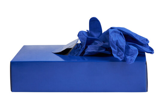 A blue box of blue nitrile disposable exam gloves isolated on white with clipping path. These gloves are used to protect against germ and virus transmission.
