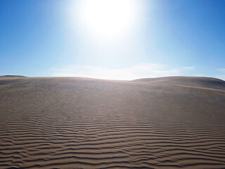 beautiful desert sand dunes with blue sky and the sun in the background. wind ripples lines or waves effects on sands close up.