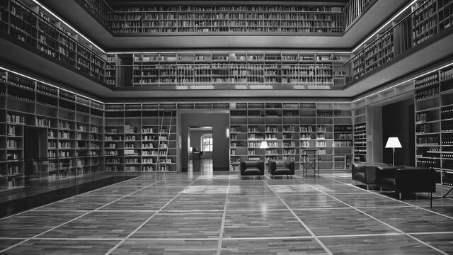 beautiful modern and luxury university library interior, perfect bookshelves, black and white.