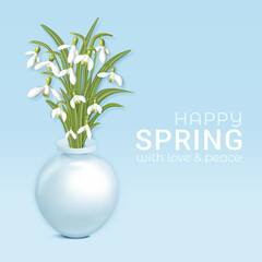 Happy spring time beautiful background. Bouquet of white snowdrops in a vase on light blue background. Realistic 3d flowers. Vector floral illustration EPS10