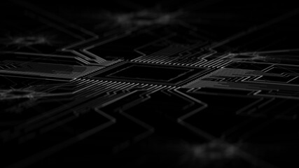 CPU on motherboard, abstract design. PCB, electronic board, background. Futuristic technology background. Electronics, computer processor.