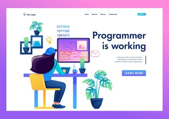 Workplace of a programmer, a girl at a laptop writes program code. Flat 2D landing page