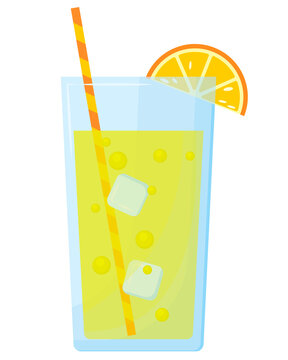 Non-alcoholic cocktail with orange slice, ice and straw. Cold drinks. Summer cocktail. Vector illustration of citrus drink in flat style isolated on white background