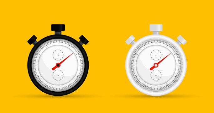 Two stopwatches in black and white color on yellow background. Device for accurate measurement of time. Timer to start, stop. Sport and competition equipment. Stop-watch design template. Vector
