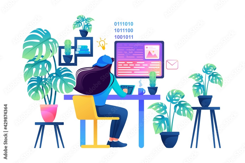 Poster workplace of a programmer, a girl at a laptop writes program code. flat 2d web design