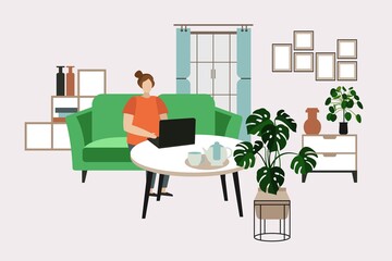 The girl works at home, freelance. Modern stylish interior. Scandinavian style. Vector illustration. Distance learning.
