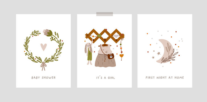 Baby milestone cards with cartoon characters for newborn girl. Nursery prints in boho style. Baby month arrival card with wreath, dress, toy and moon. Baby shower print for first year of life. 