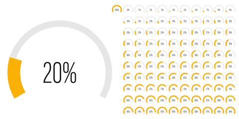 Set of circular sector arc percentage diagrams meters progress bar from 0 to 100 ready-to-use for web design, user interface UI or infographic - indicator with yellow