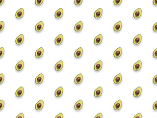 Seamless pattern of avocado half isolated on white background. Top view.Flat lay