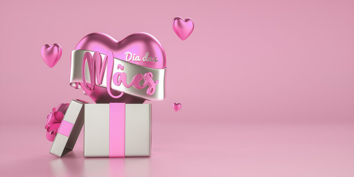 Dia das Mães coração saindo dentro de caixa de presente em fundo isolado rosa