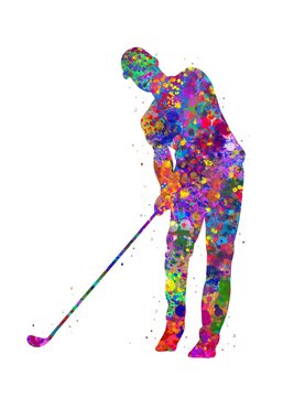 Male golfer watercolor art, abstract painting. sport art print, watercolor illustration rainbow, colorful, decoration wall art.