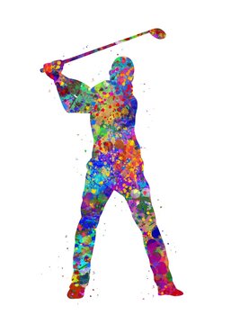 Golf player man watercolor art, abstract painting. sport art print, watercolor illustration rainbow, colorful, decoration wall art.