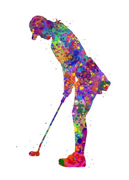 Female golfer watercolor art, abstract painting. sport art print, watercolor illustration rainbow, colorful, decoration wall art.