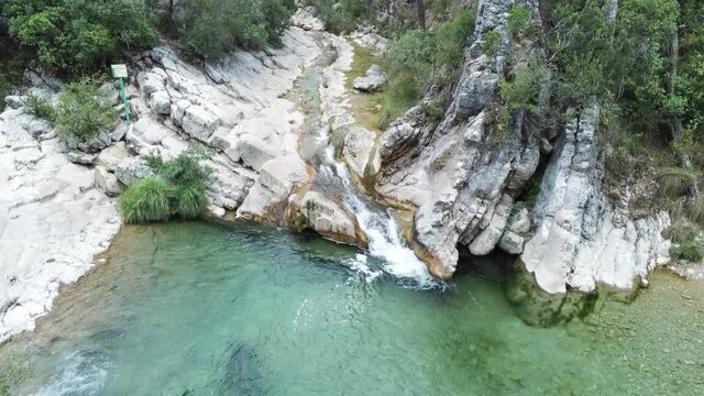 drone view of the Borosa riverbed and natural pools. Located in the Natural Park of the Sierras de Cazorla, Segura y las Villas, Spain.