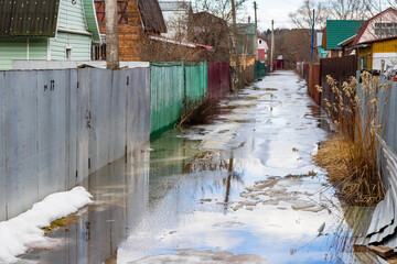 Flooded territory of summer cottages during spring floods