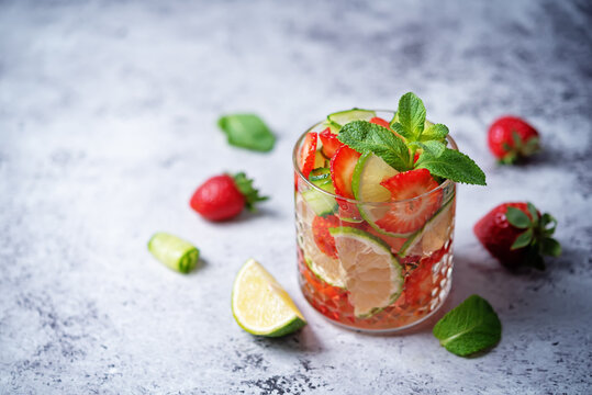 Strawberry Lime Cucumber Mint Fresh Cocktail In A Glass