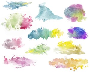 A collection of empty colorful vivid overlapping comic or cartoon speech bubble dialogs for communication, hand-drawn watercolor brush painting: sky concept. - Illustration